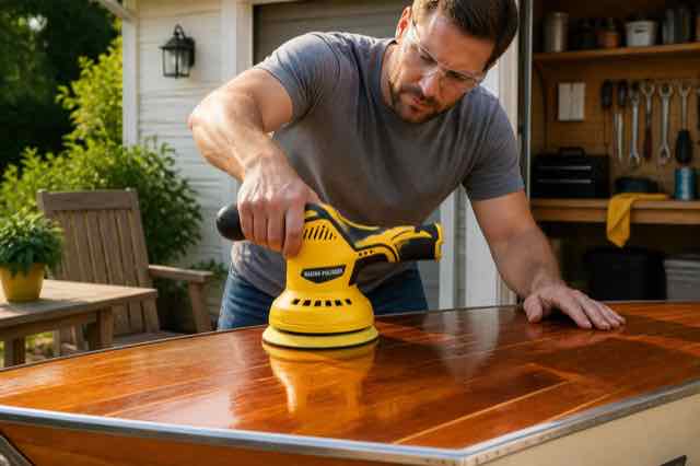Yellow Cordless Eccentric Polisher in everyday use