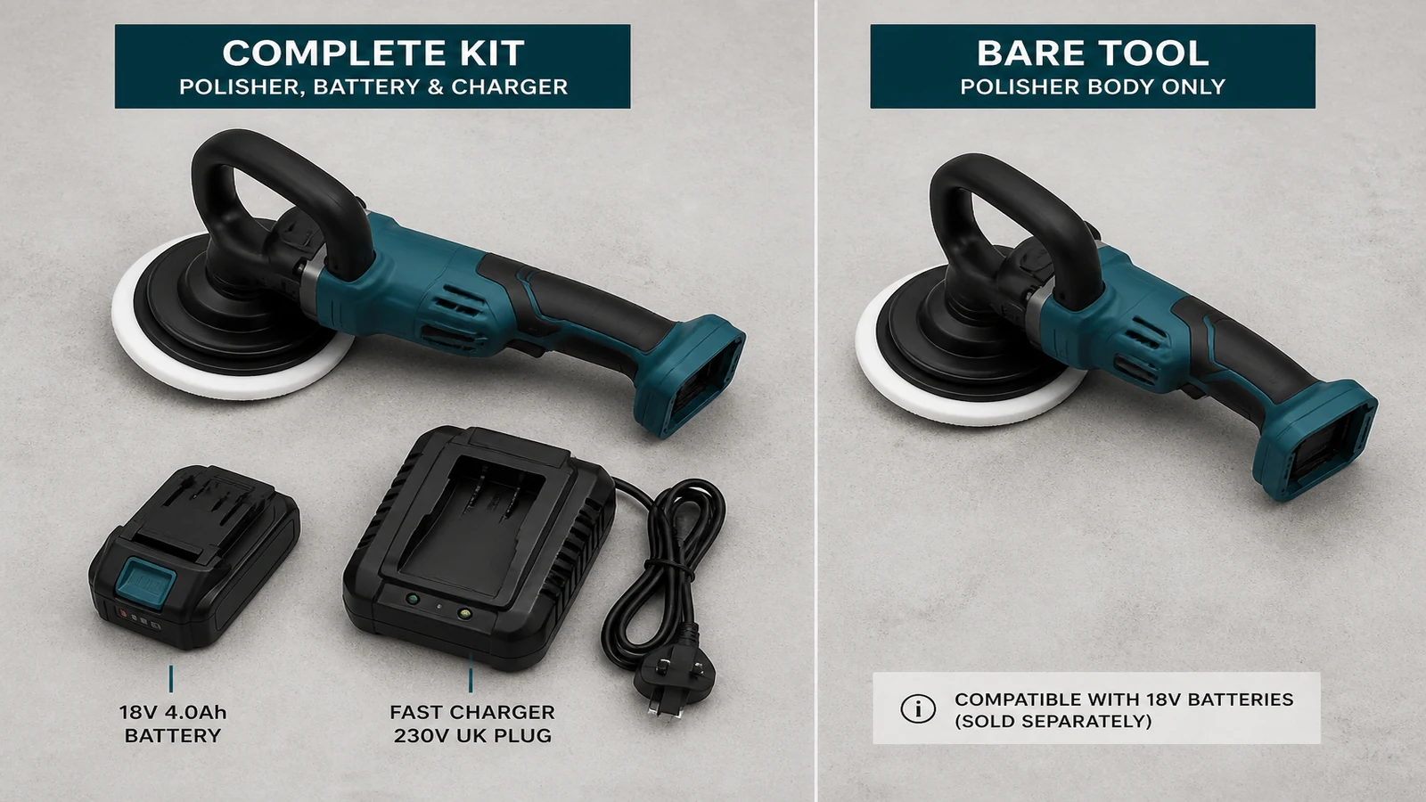 UK cordless car polisher context for search: bare tool vs complete cordless polisher kit UK