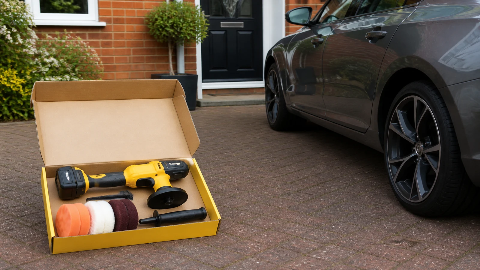 UK cordless car polisher context for search: yellow cordless eccentric polisher UK buy