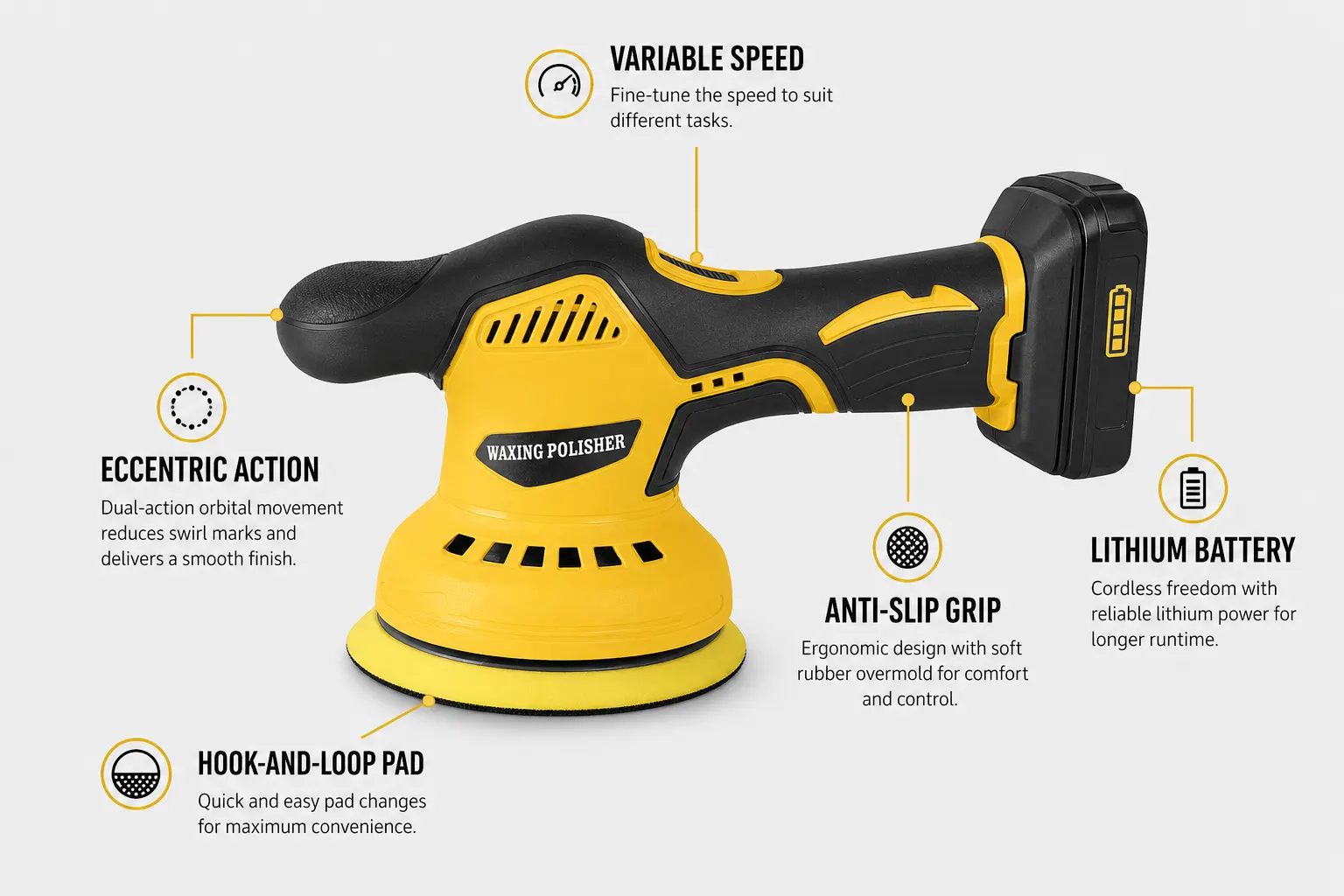 Yellow Cordless Eccentric Polisher Set With One Battery And Charger controls and screen