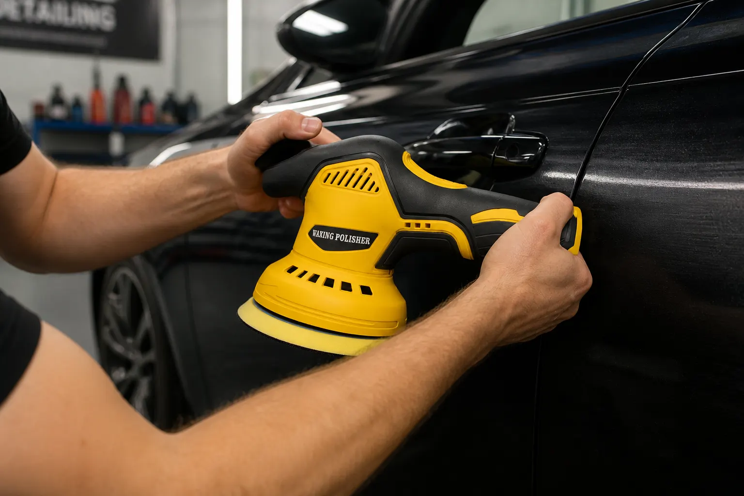 Yellow Cordless Eccentric Polisher Set With One Battery And Charger in use