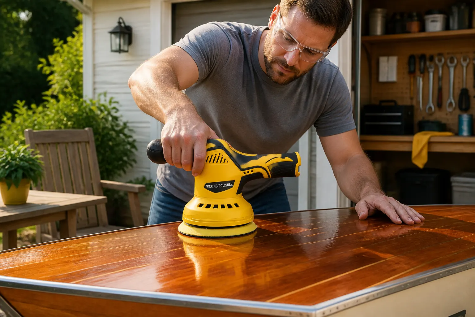 Yellow Cordless Eccentric Polisher Set With One Battery And Charger in use