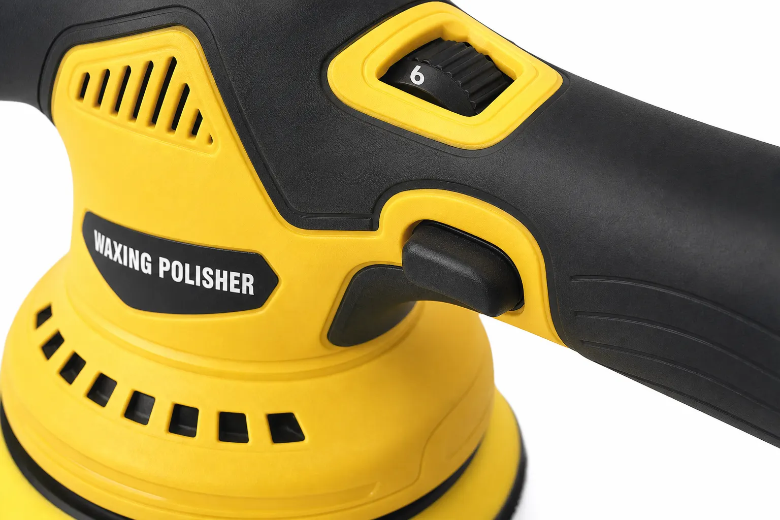 Yellow Cordless Eccentric Polisher Set With One Battery And Charger controls and screen