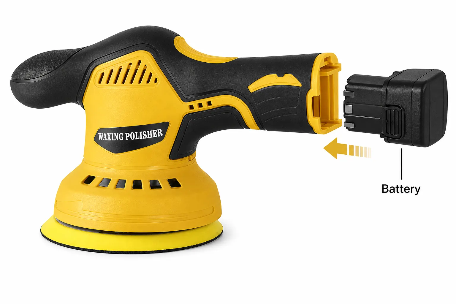 Yellow Cordless Eccentric Polisher Set With One Battery And Charger and included accessories