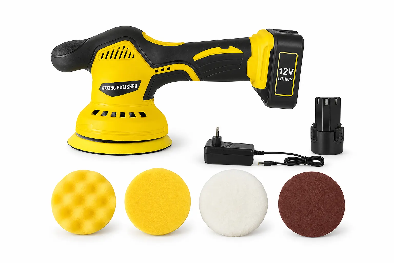 Yellow Cordless Eccentric Polisher Set With One Battery And Charger detail view