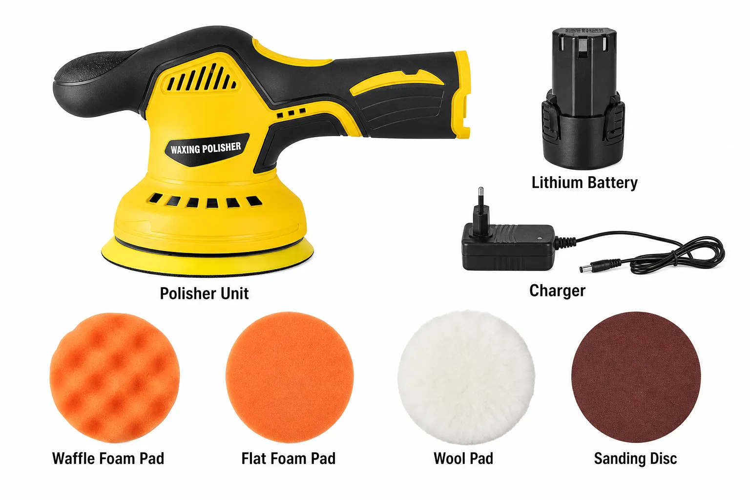 Yellow Cordless Eccentric Polisher Set With One Battery And Charger and included accessories