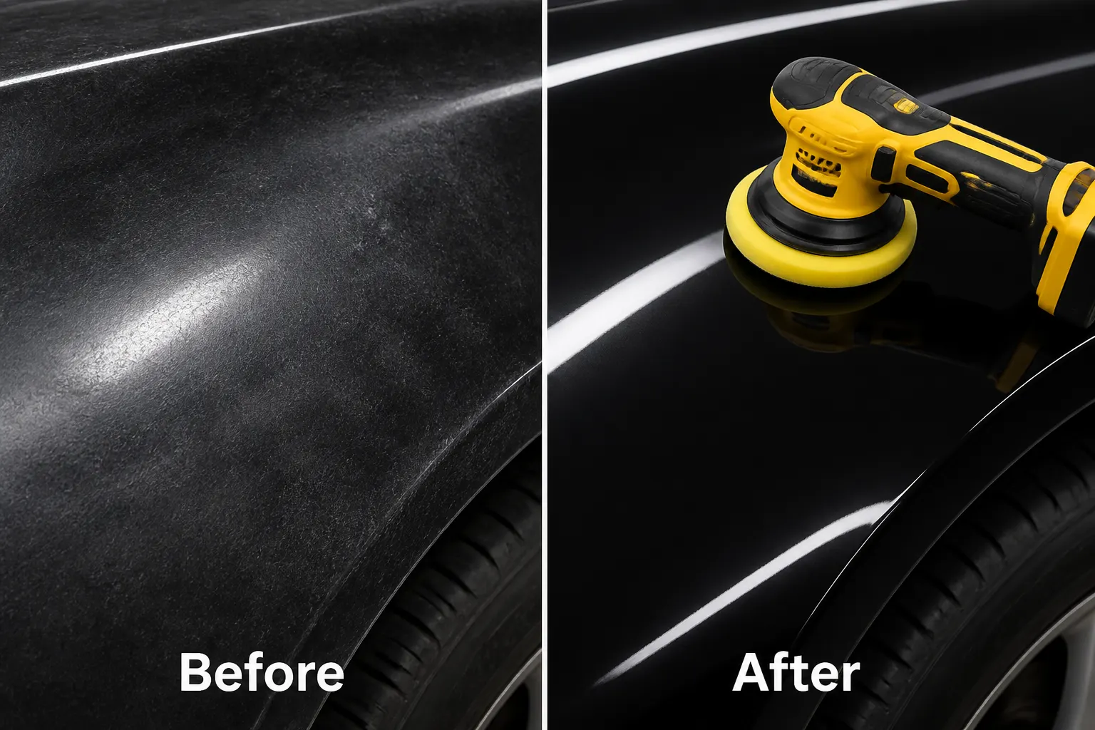 Yellow Cordless Eccentric Polisher Set With One Battery And Charger setup and use views