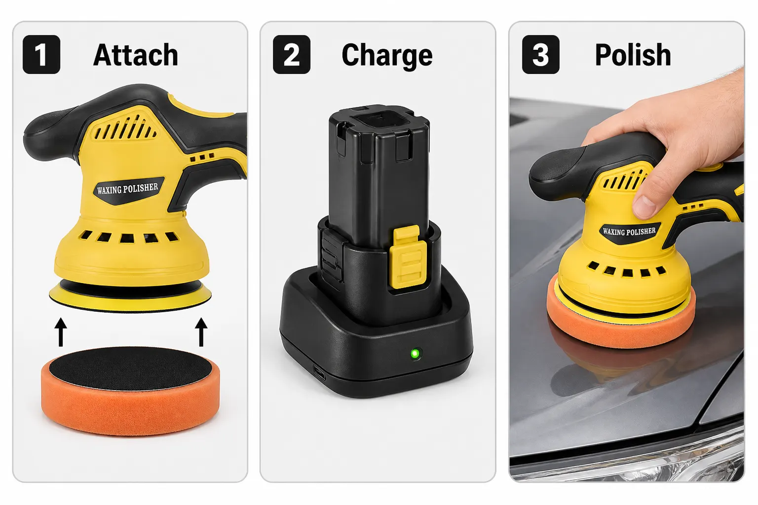 Yellow Cordless Eccentric Polisher Set With One Battery And Charger setup and use views